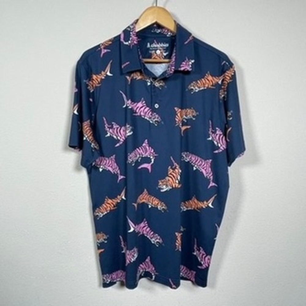 Chubbies Tiger Shark Polo Shirt Mens Large Navy Blue Performance Stretch Golf